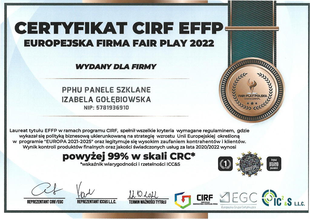 Certyfikat CIRF EFFP - Europejska Firma Fail Play 2022